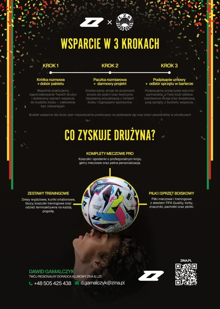 Plakat ZINA × LZS: wsparcie w 3 krokach i co zyskuje drużyna